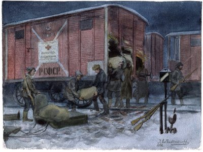 Soldats pillant un wagon de chemin de fer - Soldater plyndrer en jernbanevogn (fra serien af akvareller russiske revolution) - Vladimirov, Ivan Alexeyevich (1869-1947) - 1922 - Akvarel på papir - 25,8x34,1 - Privat samling af Ivan Alexeyevich Vladimirov