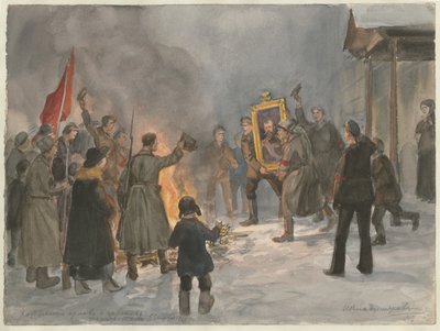 Soldater, der brænder malerier fra serien af akvareller, russisk revolution, 1917 af Ivan Alexeyevich Vladimirov