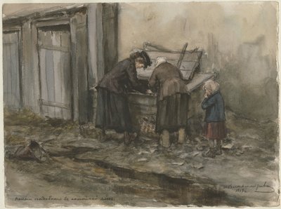 To kvinder og et barn søger gennem skraldespanden fra den russiske revolutions serie af akvareller af Ivan Alexeyevich Vladimirov