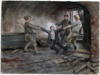Un detenu emmene pour etre execute - Mand bliver holdt og henrettet (fra serien af akvareller russiske revolution) - Vladimirov, Ivan Alexeyevich (1869-1947) - 1919 - Akvarel på papir - 25,7x34,5 - Privat samling af Ivan Alexeyevich Vladimirov
