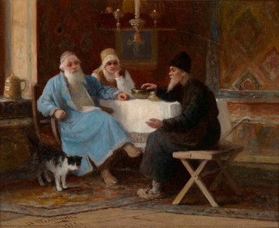 ""Samtale"" Tre figurer ved et bord - Maleri af Ivan Andreyevich Pelevin (1840-1917) 1909 Dim 15x20 cm Privat samling af Ivan Andreevich Pelevin