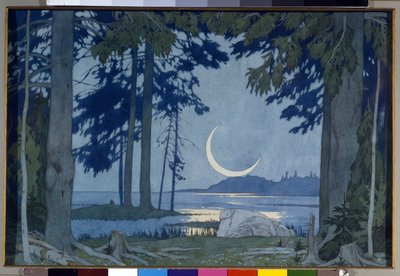 Måneskin over Ilmen-søen. Scene til operaen Sadko af Nicholas (Nikolai) Rimsky Korsakov (Rimsky-Korsakov) (1844-1908) (Nat ved søen Ilmen. Scenedesign til operaen Sadko af N. Rimsky-Korsakov (Rimsky Korsakov). Værk af Ivan Yakolevich Bilibi af Ivan Yakovlevich Bilibin