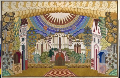 Landskab til operaen ""Legenden om den usynlige by Kitege og Jomfruen Fevronia"" (Legenden om den usynlige by Kitege og Jomfru Fevronia), af Nicholas (Nikolai) Rimsky Korsakov (Rimsky-Korsakov) (1844- 1908). Kunstværk af Ivan Yakovle af Ivan Yakovlevich Bilibin