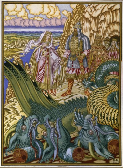 Dobrynia Nikitich redder Zabava Putyatishna fra dragen Gorynych. (Dobrynya Nikitich redder Zabava Putyatishna fra Dragen Gorynych). Traditionelt folkeeventyr fra Kievan Rus. Værk af Ivan Yakovlevich Bilibin (Bilibin) (1876-1942), akvarel og gouac af Ivan Yakovlevich Bilibin