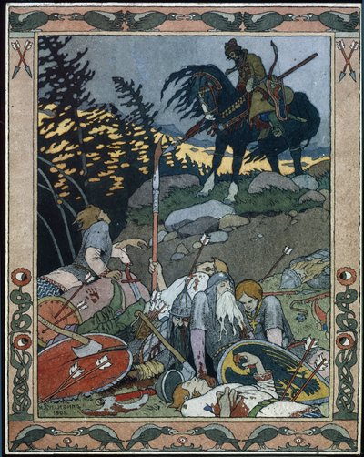 Illustration til eventyret Maria des mers (Illustration til eventyret Marya Morevna). Prins Ivan opdager hæren besejret af Maria Morevna, krigerdronningen. Værk af Ivan Yakovlevich Bilibin (Bilibin) (1876-1942), akvarel og blæk på papir af Ivan Yakovlevich Bilibin