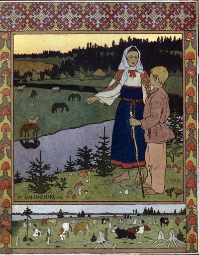 Illustration til den traditionelle fortælling Alyonouchka og Ivanouchka. Værk af Ivan Yakovlevich Bilibin (Bilibin) (1876-1942), litografi af Ivan Yakovlevich Bilibin