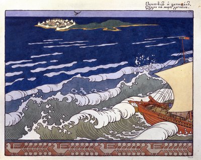Båden sejler mod en ø, guidet af en humlebiflugt. Illustration til ""Tale of Tsar Saltan"" af Alexander Pushkin (1799-1937). Værk af Ivan Yakovlevich Bilibin (Bilibin) (1876-1942), akvarel og gouache på papir af Ivan Yakovlevich Bilibin