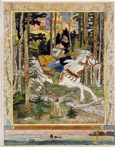 Prins Ivan. (Ivan Tsarevich). Helte fra russiske folklorelegender, rider på en hvid hest i skoven, flygter fra et slot og krammer Vassilisa La Tres Belle i hendes arme. Illustration af Ivan Yakovlevich Bilibin (Bilibin) (1876-1942), akvarel af Ivan Yakovlevich Bilibin