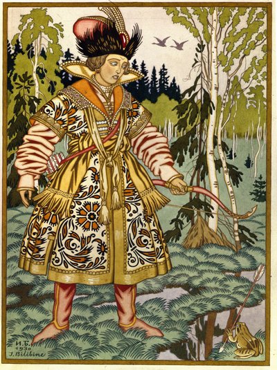 Prins Ivan og frøprinsessen. (Ivan Tsarevich og frøprinsessen). Russisk traditionel fortælling. Værk af Ivan Yakovlevich Bilibin (Bilibin) (1876-1942), akvarel og gouache på papir af Ivan Yakovlevich Bilibin