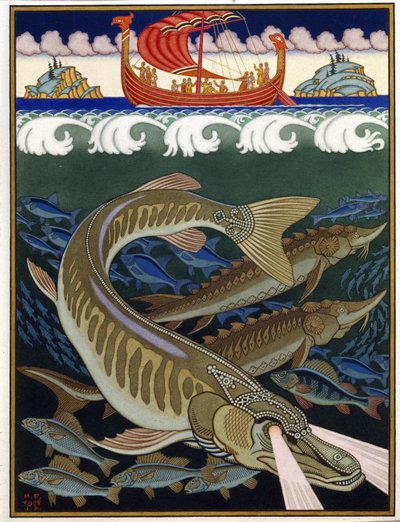 Havets imperium (Sea Empire). Russisk traditionel fortælling. Værk af Ivan Yakovlevich Bilibin (Bilibin) (1876-1942), akvarel og gouache på papir af Ivan Yakovlevich Bilibin