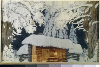 Træhus i den snedækkede skov. Landskab til skuespillet ""Commander Suvorov"". Værk af Ivan Yakovlevich Bilibin (Bilibin) (1876-1942), akvarel og gouache på papir af Ivan Yakovlevich Bilibin