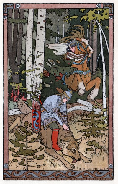 Tsarevitch Ivan, Ildfuglen og den grå ulv, ca. 1899 (litografi) af Ivan Yakovlevich Bilibin