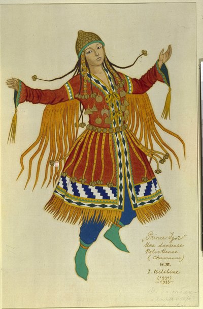 En polovtsisk (eller Couman, Kuman) shamandanser. Kostume til operaen ""Prince Igor"" af Alexandre Borodin (Borodin) (1833-1887). Værk af Ivan Yakovlevich Bilibin (Bilibin) (1876-1942), akvarel på papir af Ivan Yakovlevich Bilibin