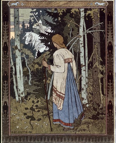 Vassilisa den smukkeste og den hvide rytter. (Vasilisa den smukke og den hvide rytter). (Traditionel russisk fortælling). Værk af Ivan Yakovlevich Bilibin (Bilibin) (1876-1942), litografi af Ivan Yakovlevich Bilibin
