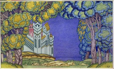Udsmykning af opera for "The Tale of the Tsar Saltan", Island Buyan af Nicholas (Nikolai) Rimsky Korsakov (Rimsky-Korsakov) (1844-1908) af Ivan Yakovlevich Bilibin