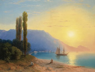 ""Solnedgang over Jalta på Krim"" (Solnedgang over Jalta) Maleri af Ivan Constantinovich Aivazowski (Aivazovsky 1817-1900) 1861 - Olie på lærred Dim 67x89 cm Privat samling af Ivan Konstantinovich Aivazovsky