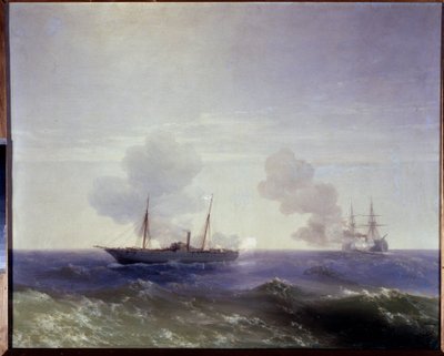 Russisk-tyrkisk (russisk-tyrkisk) krig 1877-1878: Søslaget mellem den russiske krydser Vesta og den tyrkiske jernbeklædte Fethi Bulend i Sortehavet, 11. juli 1877 (Søslaget mellem den russiske krydser Vesta og den jernbeklædte Fethi Det gjorde Bulend af Ivan Konstantinovich Aivazovsky