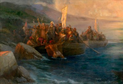 ""Ankomsten af ​​opdagelsesrejsende Christopher Columbus (1451-1506) til Amerika af Ivan Konstantinovich Aivazovsky