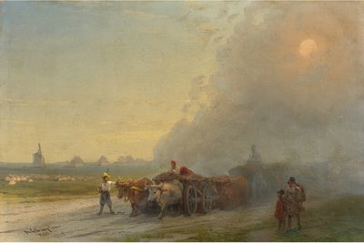 "Ox-cars in the Ukrainian Steppe" (Ox-cars in the Ukrainian Steppe) Maleri af Ivan Constantinovich Aivazowski (Aivazovsky 1817-1900) 1888 - Olie på lærred Dim 26x38,7 cm Privat samling af Ivan Konstantinovich Aivazovsky