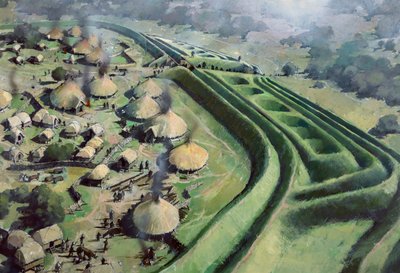 Luftfoto af indgangen til Old Oswestry Hill Fort under jernalderen, c1970-2010 af Ivan Lapper