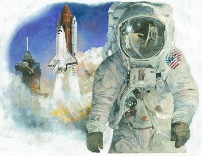 Den amerikanske astronaut Buzz Aldrin i sin rumdragt og rumfærgen Discovery på vej ud fra Kennedy Space Center. af Ivan Lapper