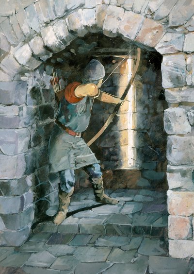 Middelalderbueskytte skyder gennem en pilspalte ved Beeston Castle, Cheshire af Ivan Lapper