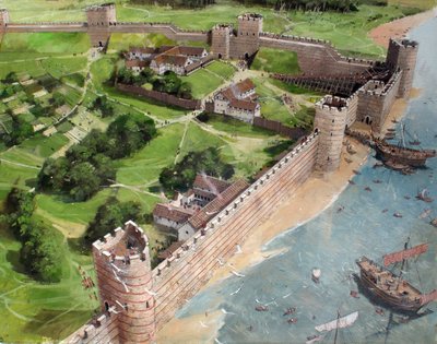 Rekonstrueret billede af det sydøstlige hjørne af det romerske London og det fremtidige sted for Tower of London, som det kan have set ud omkring år 400 e.Kr. af Ivan Lapper