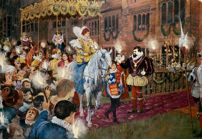 Robert Dudley byder dronning Elizabeth I velkommen til Kenilworth Castle, Warwickshire, juli 1575 c2000s af Ivan Lapper