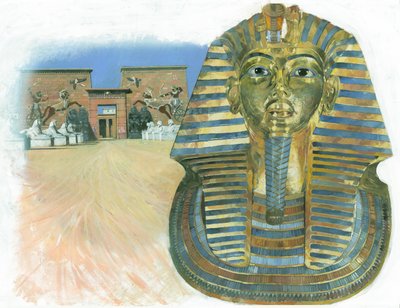 Den gyldne maske på mumien af den egyptiske farao Tutankhamon med et gammelt egyptisk tempelkompleks i baggrunden. af Ivan Lapper