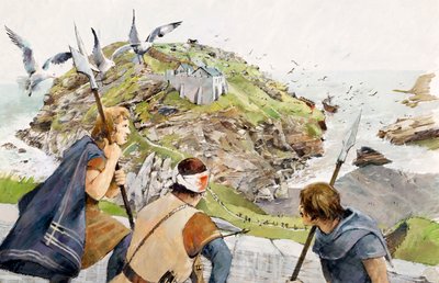 Tintagel Castle i 1230 e.Kr. (akvarel på papir) af Ivan Lapper