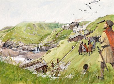 Tintagel Castle i middelalderen (akvarel på papir) af Ivan Lapper