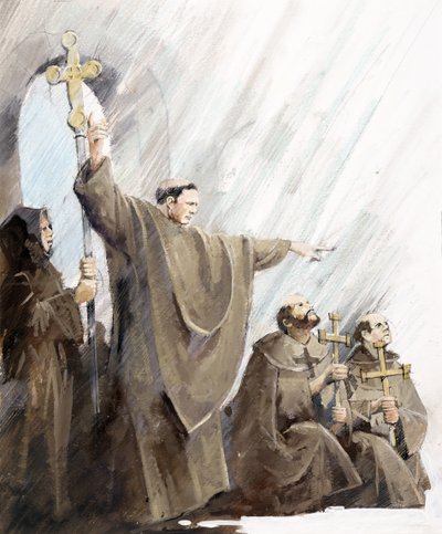 "Worship in the Chapel", Tintagel Castle, Cornwall (akvarel på papir) af Ivan Lapper