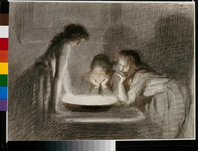 Divination la veille de Noel (juleaftens spådom) - Blyant, pensel, sepia på papir af Ivan Nikolaevich Kramskoy (Kramskoy) (1837-1887) af Ivan Nikolaevich Kramskoy