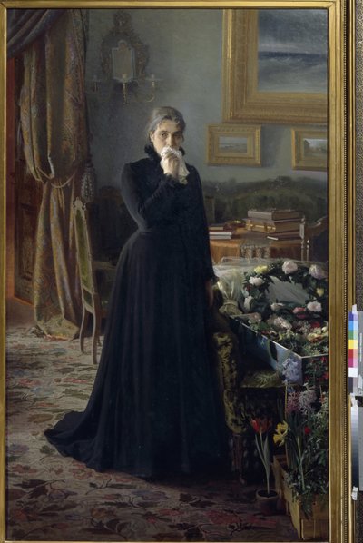 Utrøstelig sorg (en kvinde, i sorg, stående nær kisten dækket med blomsterkranse)(Utrøstelig sorg) - Maleri af Ivan Nikolayevich Kramskoi (1837-1887), olie på lærred (228x141 cm) af Ivan Nikolaevich Kramskoy