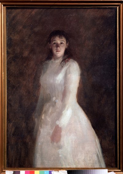 Portræt af en ung dame (Portræt af en ung dame). (klædt i en lang hvid kjole). Maleri af Ivan Nikolayevich Kramskoi (1837-1887), olie på lærred. russisk kunst af Ivan Nikolaevich Kramskoy