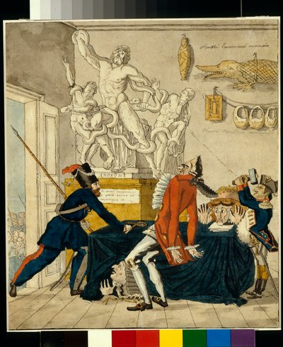 Napoleon Bonaparte (1769-1821) sælger stjålne varer, blandt dem Laocoön-gruppen - Karikatur af Ivan Ivanovich Terebenev (1780-1815), blæk og akvarel på papir af Ivan Nikolayevich Terebenev
