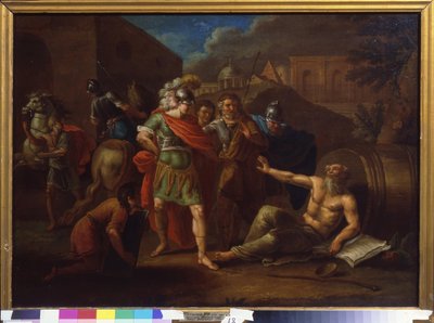 Alexander den Store (Alexander III af Makedonien, 356-323 f.Kr.) besøger Diogenes (Diogenes fra Sinope eller Kynikeren, ca. 413-cirka 327 f.Kr.) i Korinth (Grækenland) af Ivan Philippovich Tupylev