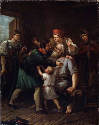 The Return of the Warrior (Homecoming Warrior). En soldat vender hjem og kaster sig i armene på sin gamle far. Hele familien udtrykker deres glæde og lettelse over at se ham i live. Maleri af Ivan Vasilyevich Luchaninov (1781-1824), olie på t. af Ivan Vasilyevich Luchaninov