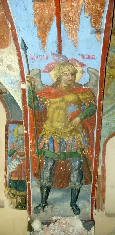 Ærkeenglen Sankt Mikael - Fresko af Ivan Yakovlevich Bakhmatov (aktiv tidligt i det 18. århundrede), fresko i katedralen Vor Frue af Tegnet i Novgorod (Rusland) - (Ærkeenglen Sankt Michael, Fresko af Ivan Yakovlevich Bakhmatov, i katedralen i Vor Dame af Ivan Yakovlevich Bakhmatov