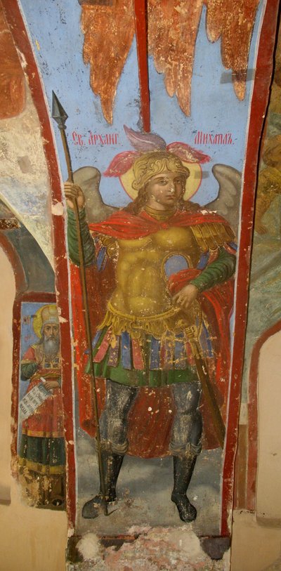 Ærkeenglen Sankt Michael. Kalkmaleri i katedralen Vor Frue af Tegnet, Novgorod, tidligt i det 18. af Ivan Yakovlevich Bakhmatov