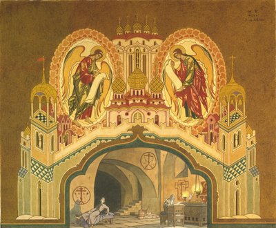 Chudov kloster. Scenedesign til operaen Boris Godunov af M. Musorgsky, 1930 af Ivan Yakovlevich Bilibin