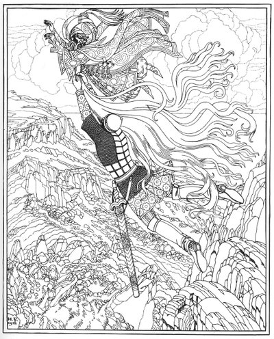 Flight of Chernomor og Ruslan. Illustration til digtet Ruslan og Lyudmila af A. Pushkin, 1918 af Ivan Yakovlevich Bilibin