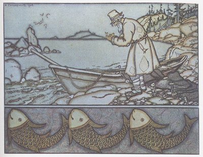 Illustration til eventyret om fiskeren og fisken af Ivan Yakovlevich Bilibin