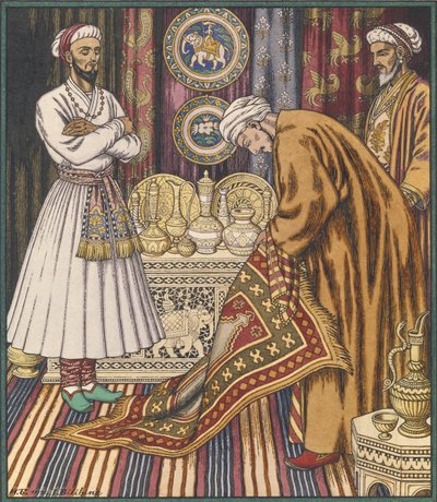 Prins Ali køber et tæppe. Illustration til arabiske eventyr af Ivan Yakovlevich Bilibin