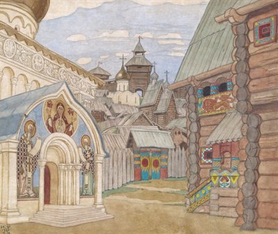 russisk landsby. Scenedesign til operaen The Tale of Tsar Saltan af N. Rimsky-Korsakov af Ivan Yakovlevich Bilibin
