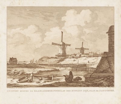 Udsigt uden for Haarlemmerpoort i Amsterdam med en siddende tegner Udsigt uden for Haarlemmer-Poort, på Hoogen Dijk, mod Zandhoek (titel på objekt) af Izaak Jansz. de Wit