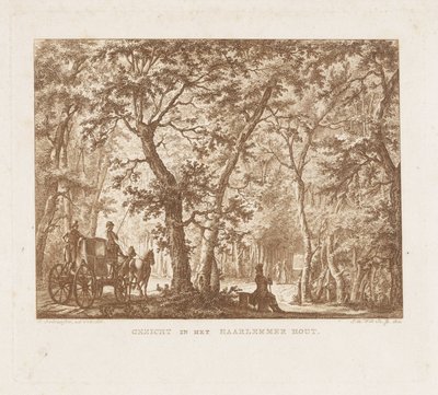 Vogn og vandrere i Haarlemmerhout Udsigt i Haarlemmer Hout (titel på objekt) af Izaak Jansz. de Wit
