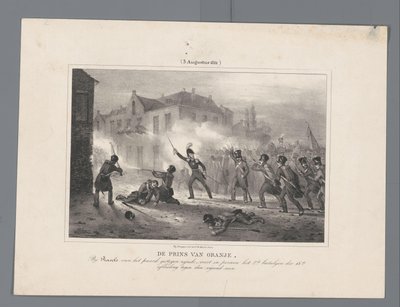 Prince of Orange ledede tropperne ved Ravels, 1831 Prinsen af ​​Orange, der er rejst fra hesten ved Ravels, leder personligt 2. batalyon af 18. division mod fjenden / (3. august 1831) (titel på objekt) Syv optegnelser over slag o af J.B. Clermans