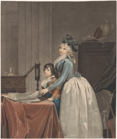 Portræt af Louise Sébastienne Gély med stedsøn bag et optisk spejl optik af J.F. Cazenave