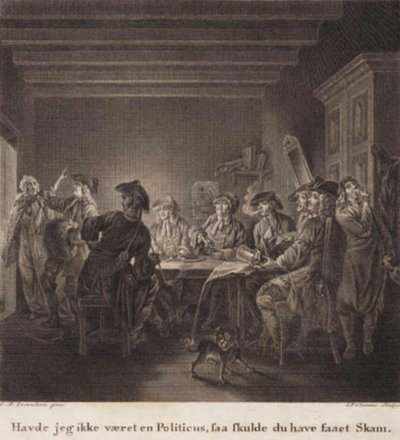 Den politiske kandestøber. ”Havde jeg ikke været en Politikus, da skulle du have fået skam.” Gravering efter Lorentzens Holberg Galleri. af J.F. Clemens